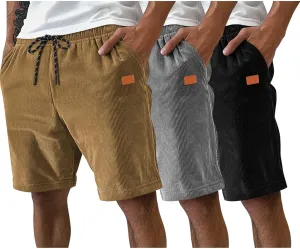 Neer 3 Pack Men's Corduroy Shorts, Casual Elastic Waist Drawstring Shorts Lightweight Summer Stretch Beach Short with Pockets