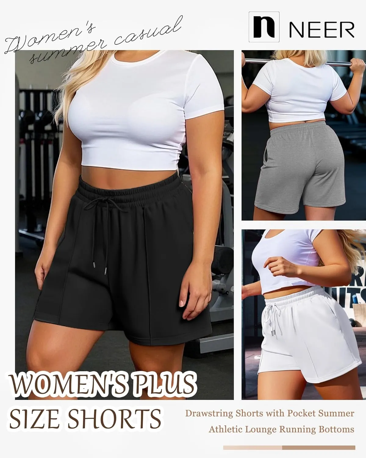 Neer 3 Pack Women's Plus Size Sweat Shorts, Drawstring Shorts with Pocket Summer Athletic Lounge Running Bottoms