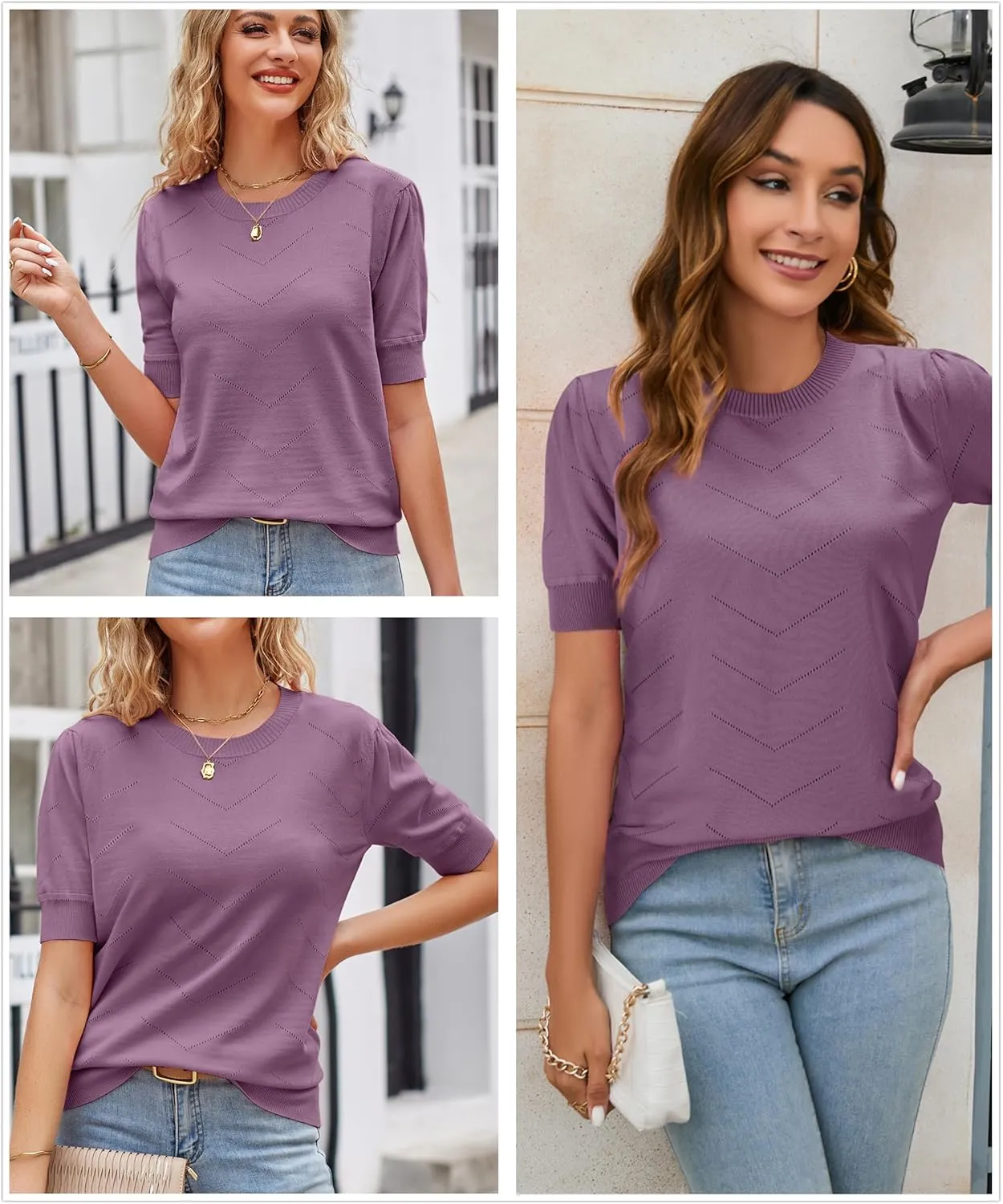 Newshows Womens Summer Short Sleeve Sweater Tops Fall Business Casual Outfits Crewneck Lightweight Dressy Knit Shirts