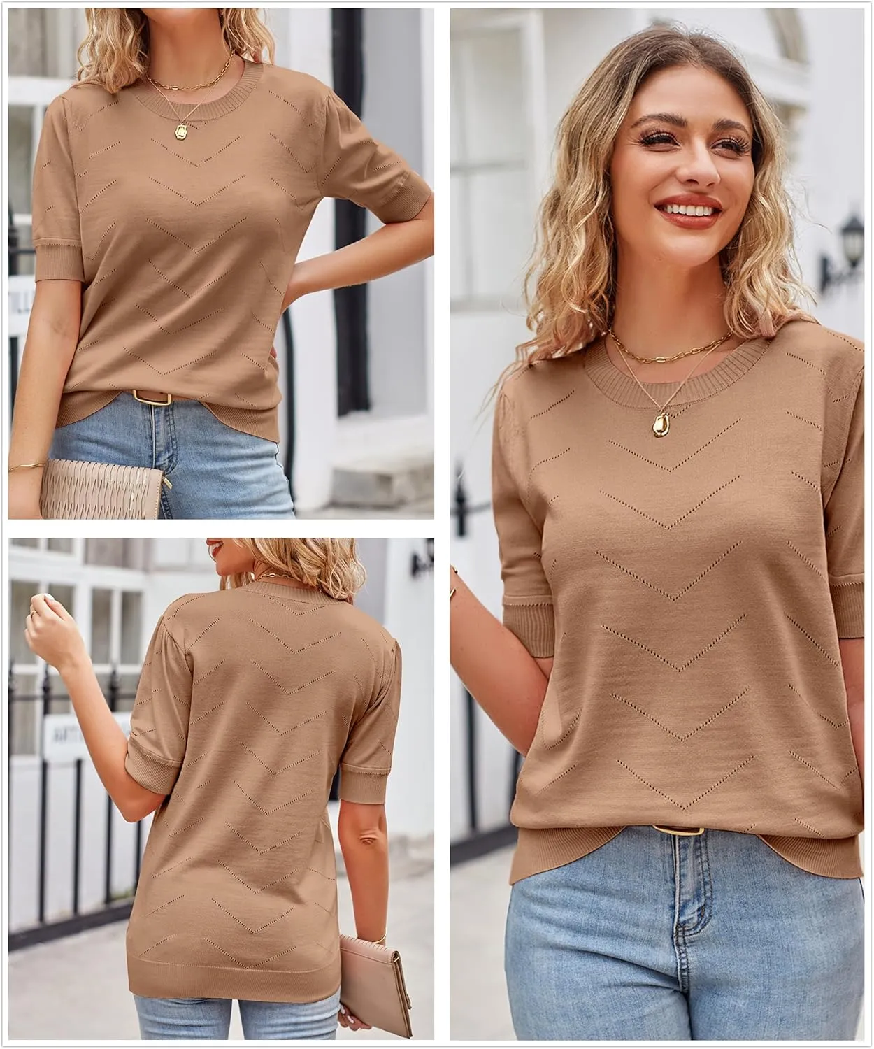 Newshows Womens Summer Short Sleeve Sweater Tops Fall Business Casual Outfits Crewneck Lightweight Dressy Knit Shirts