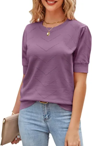 Newshows Womens Summer Short Sleeve Sweater Tops Fall Business Casual Outfits Crewneck Lightweight Dressy Knit Shirts