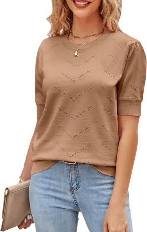 Newshows Womens Summer Short Sleeve Sweater Tops Fall Business Casual Outfits Crewneck Lightweight Dressy Knit Shirts