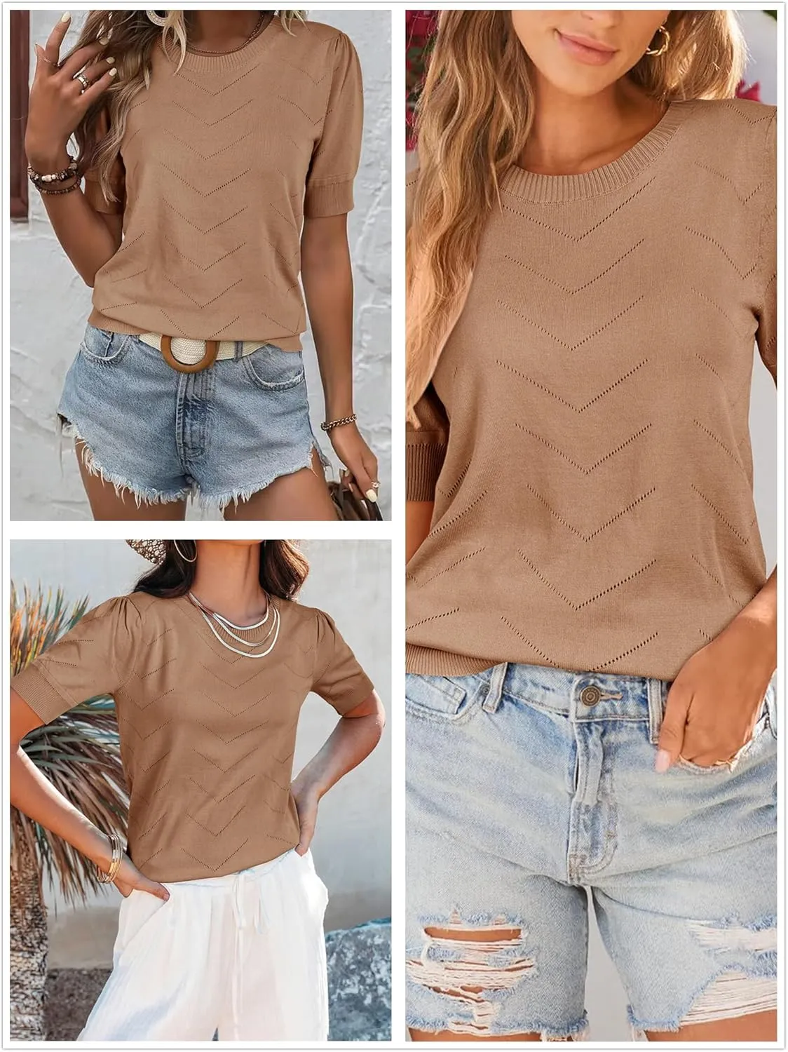 Newshows Womens Summer Short Sleeve Sweater Tops Fall Business Casual Outfits Crewneck Lightweight Dressy Knit Shirts