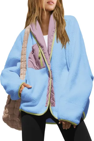 Nirovien Womens Fuzzy Fleece Jacket Colorblock Sherpa Coats Shawl Collar Button Down Warm Outwear with Pockets