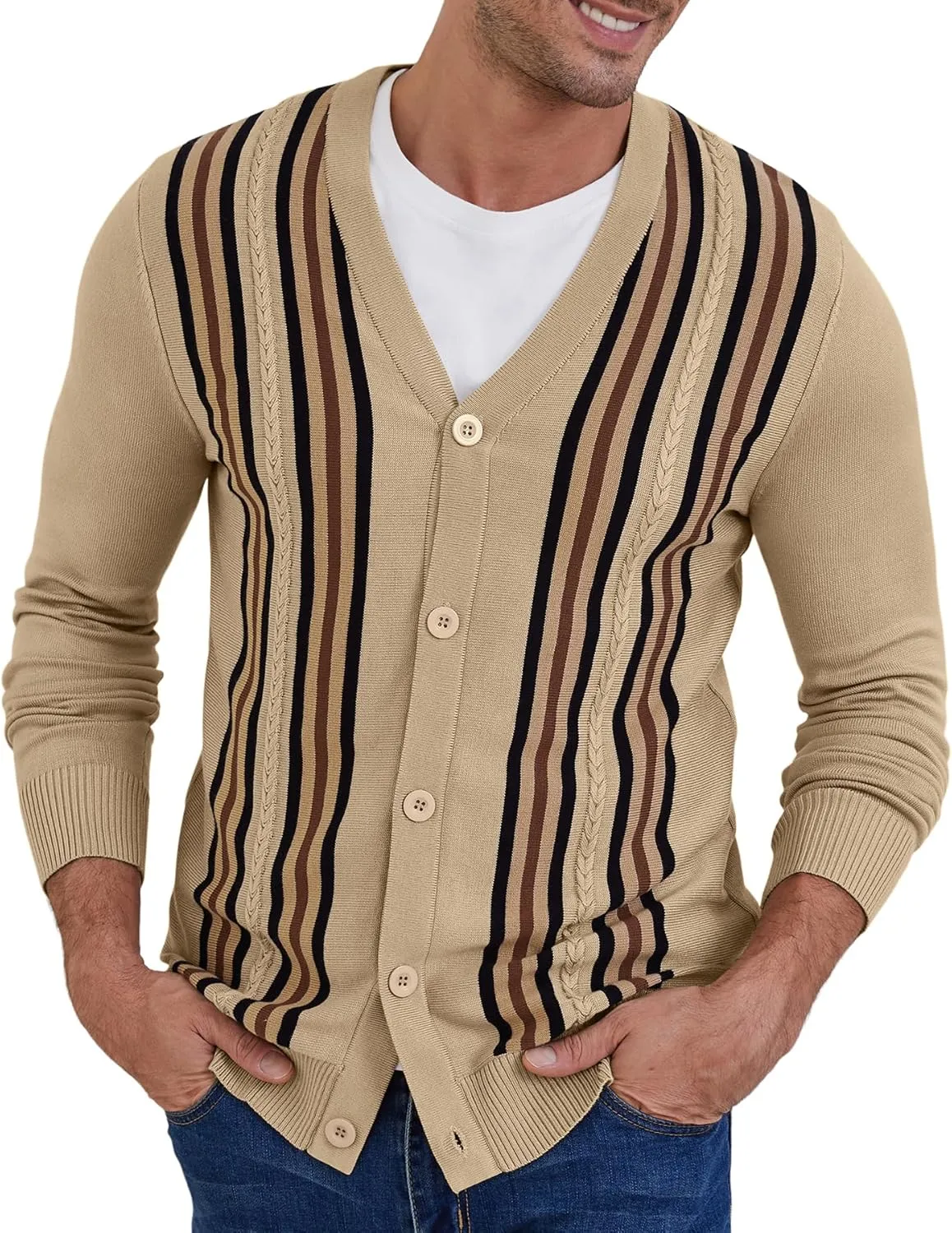NITAGUT Mens Cardigan Sweater Vintage Striped V-Neck Long Sleeve Button Down Knitted Sweaters