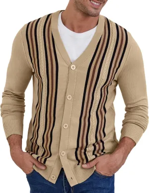 NITAGUT Mens Cardigan Sweater Vintage Striped V-Neck Long Sleeve Button Down Knitted Sweaters
