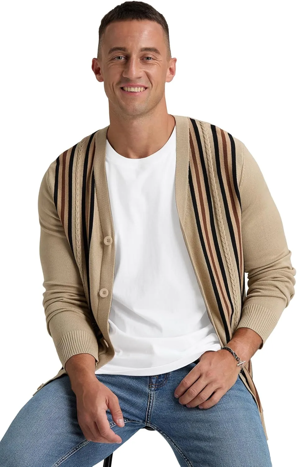 NITAGUT Mens Cardigan Sweater Vintage Striped V-Neck Long Sleeve Button Down Knitted Sweaters