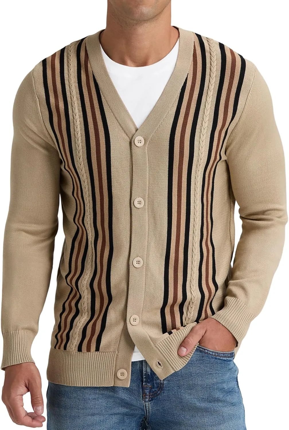NITAGUT Mens Cardigan Sweater Vintage Striped V-Neck Long Sleeve Button Down Knitted Sweaters