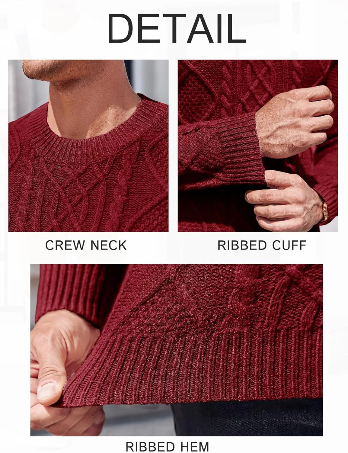 NIUBIA Men's Slim Fit Crewneck Pullover Sweater Winter Casual Chunky Cable Knit Comfort Heavy Long Sleeve Sweaters