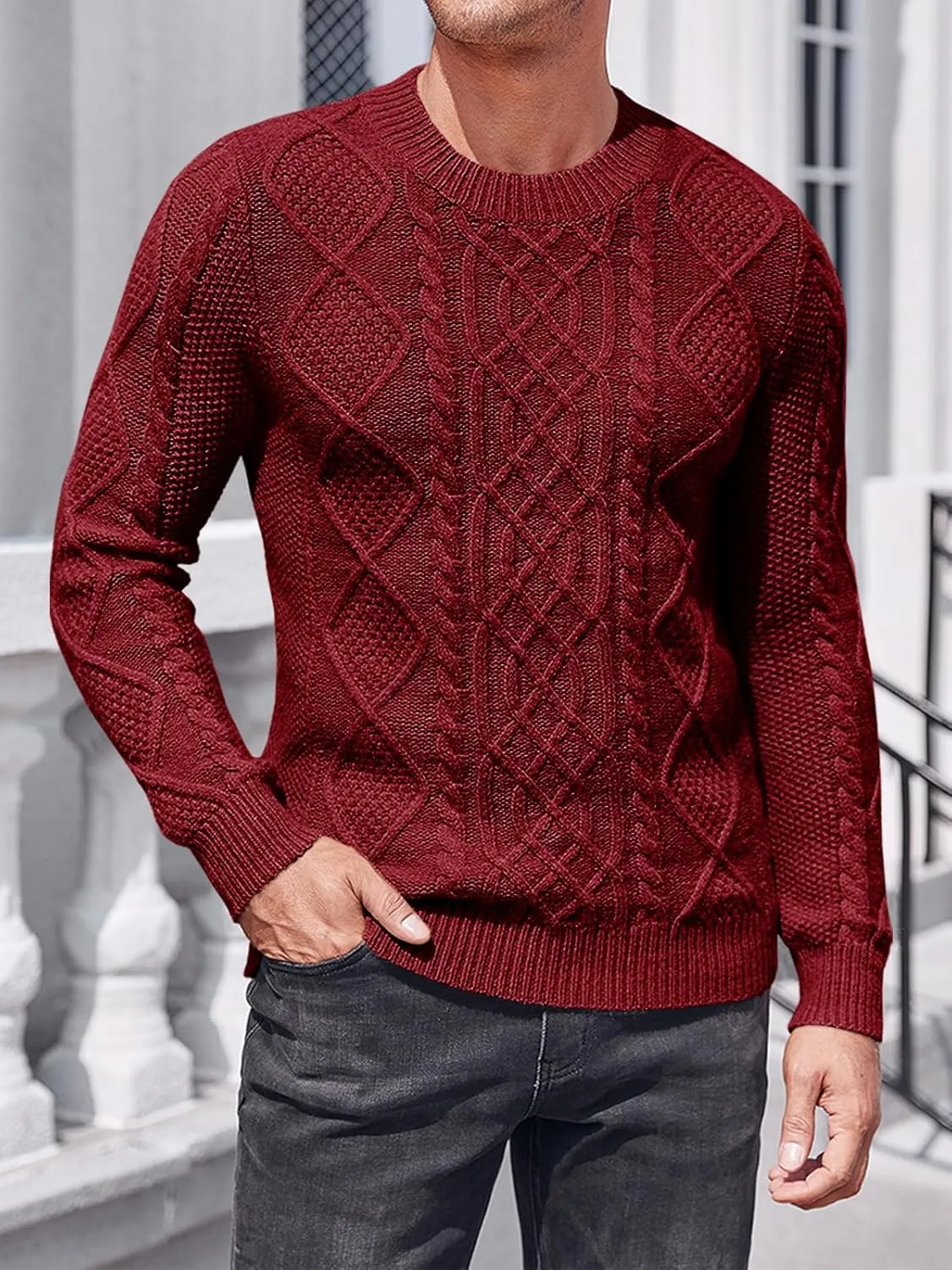 NIUBIA Men's Slim Fit Crewneck Pullover Sweater Winter Casual Chunky Cable Knit Comfort Heavy Long Sleeve Sweaters