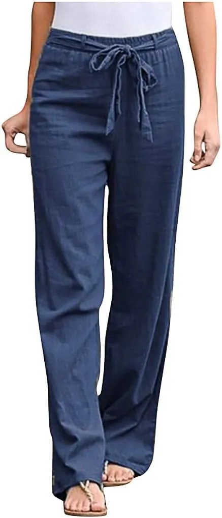 niuwa Women Cotton Linen Trousers Summer Solid Color Wide Leg Pants Elastic Waist Loose Lounge Pants Sweatpants (Blue, M)