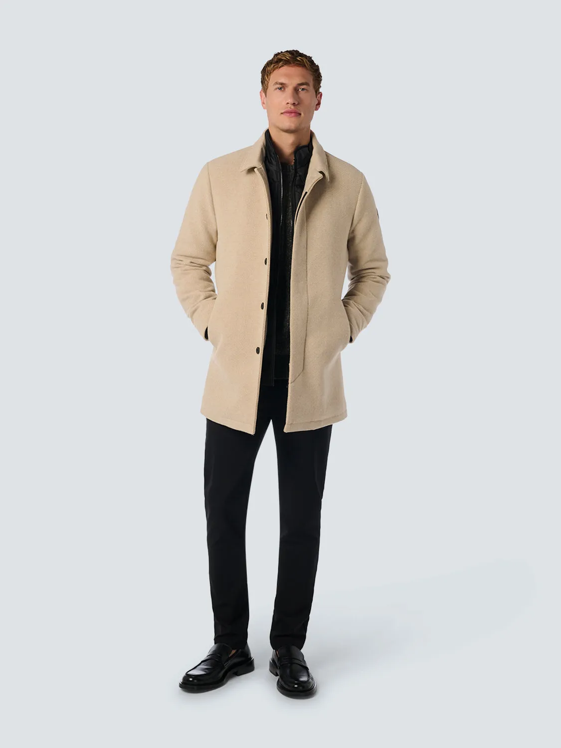No Excess Mid Length Wool Coat with Removable Lining - Cement