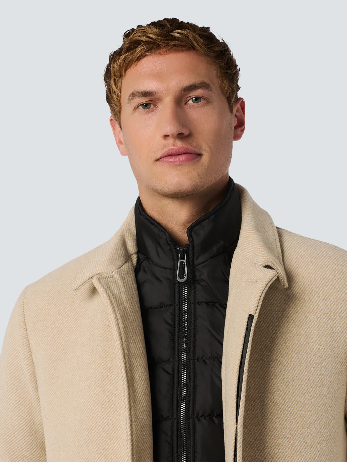 No Excess Mid Length Wool Coat with Removable Lining - Cement