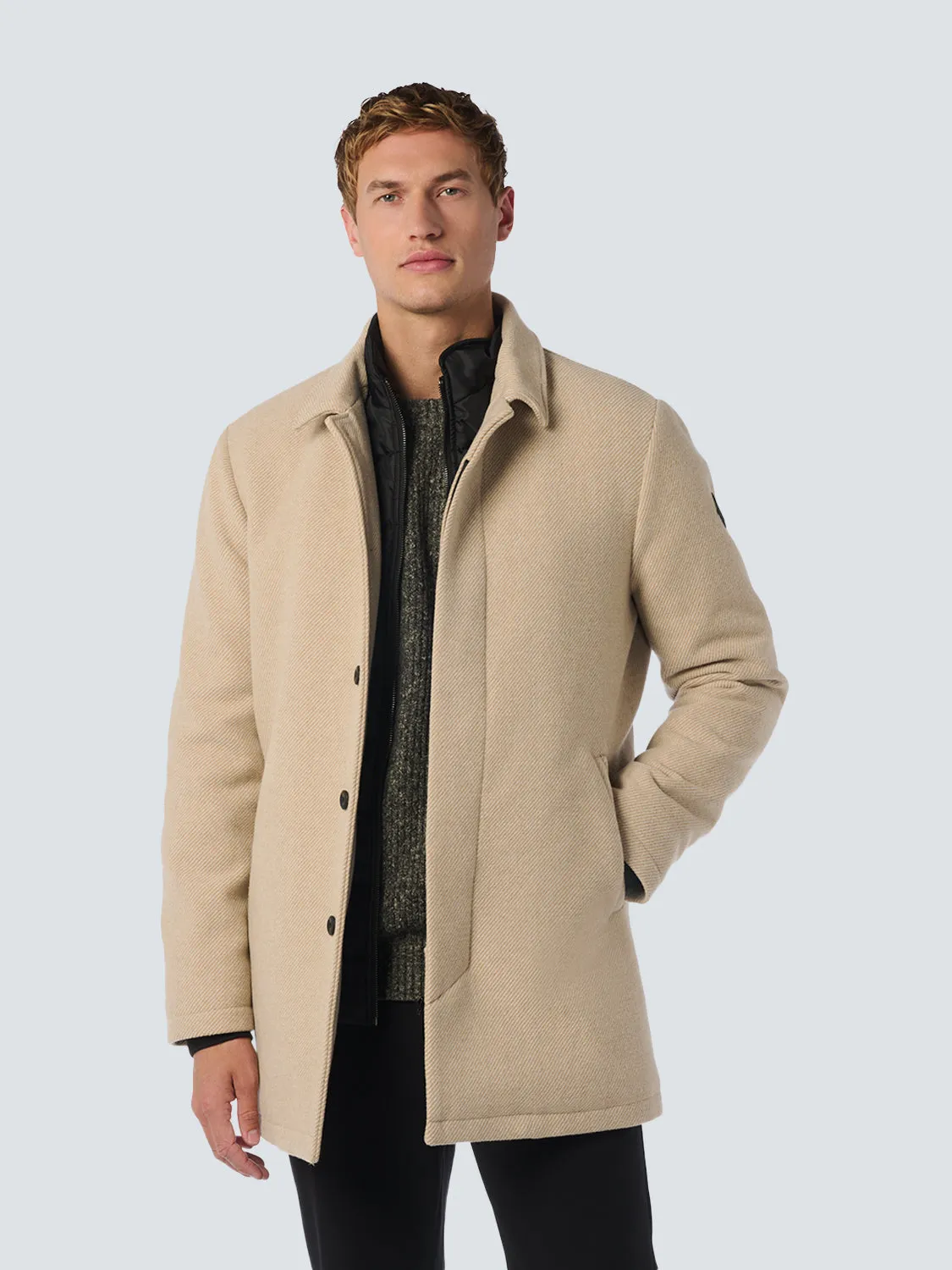 No Excess Mid Length Wool Coat with Removable Lining - Cement