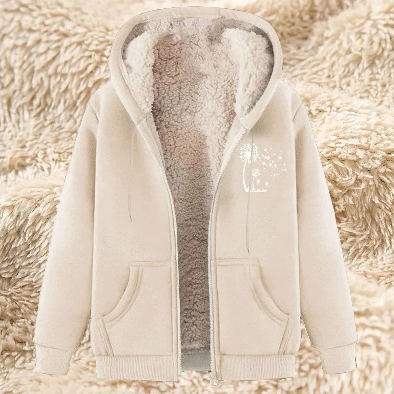 Omen's Casual Full Zip Up Sherpa Lined Hoodie Dandelion Print Oversized Sweatshirt Jackets Loose Pockets Outwear Coat