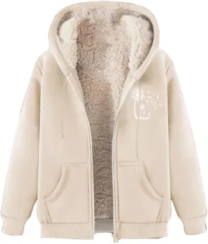 Omen's Casual Full Zip Up Sherpa Lined Hoodie Dandelion Print Oversized Sweatshirt Jackets Loose Pockets Outwear Coat