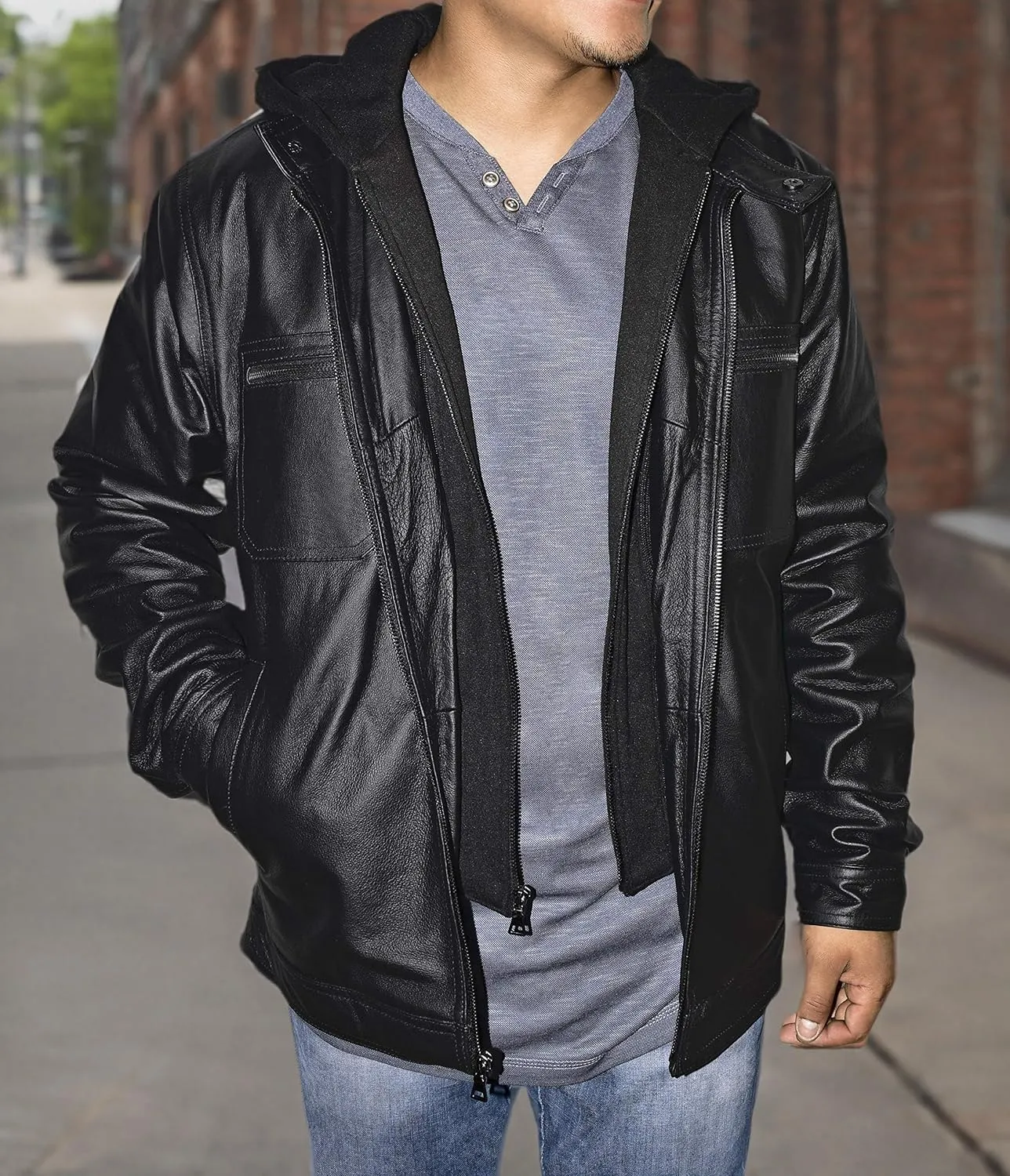 Outfitters Men's Genuine Leather Jacket Multi Pocket Racing Jacket Motorcycle Jacket