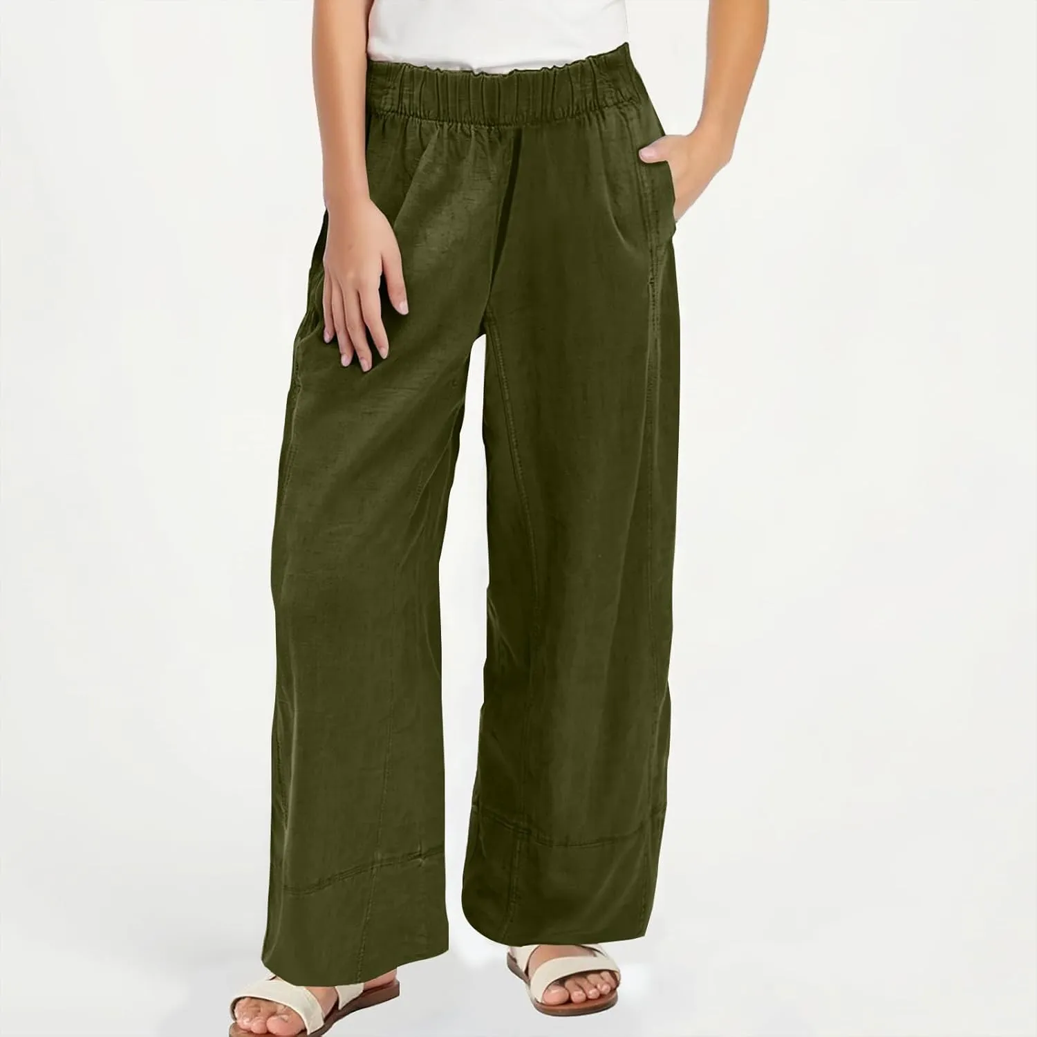 Palazzo Pants for Women Casual Elastic High Waist Straight Leg Pant Summer Cotton Linen Boho Trousers with Pockets