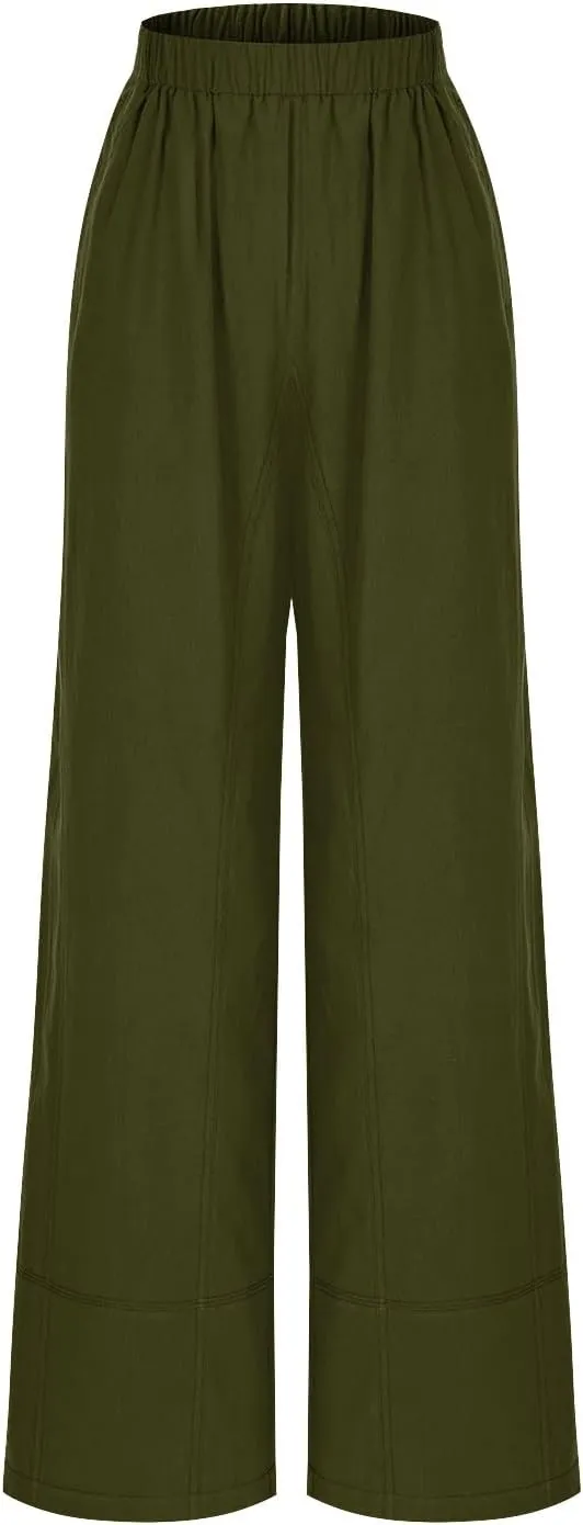 Palazzo Pants for Women Casual Elastic High Waist Straight Leg Pant Summer Cotton Linen Boho Trousers with Pockets