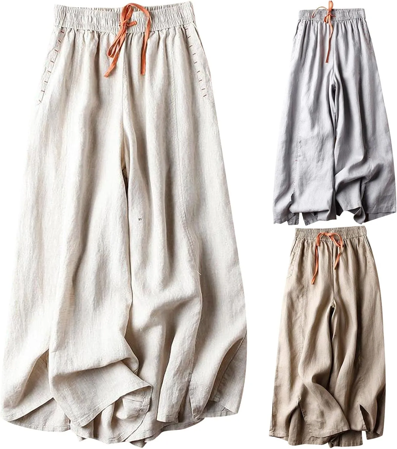 Palazzo Pants for Women Casual Elastic Waist Linen Pants High Waisted Summer Lounge Trousers Beach Vacation Outfits