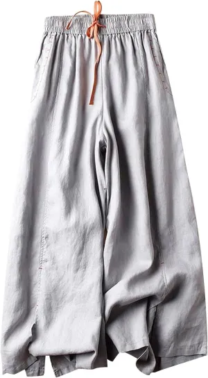 Palazzo Pants for Women Casual Elastic Waist Linen Pants High Waisted Summer Lounge Trousers Beach Vacation Outfits