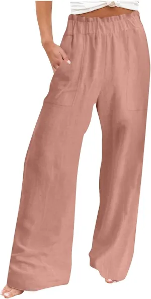 Palazzo Pants for Women Summer Casual Flowy Cotton Linen Wide Leg Pants Elastic High Waist Trendy Trousers