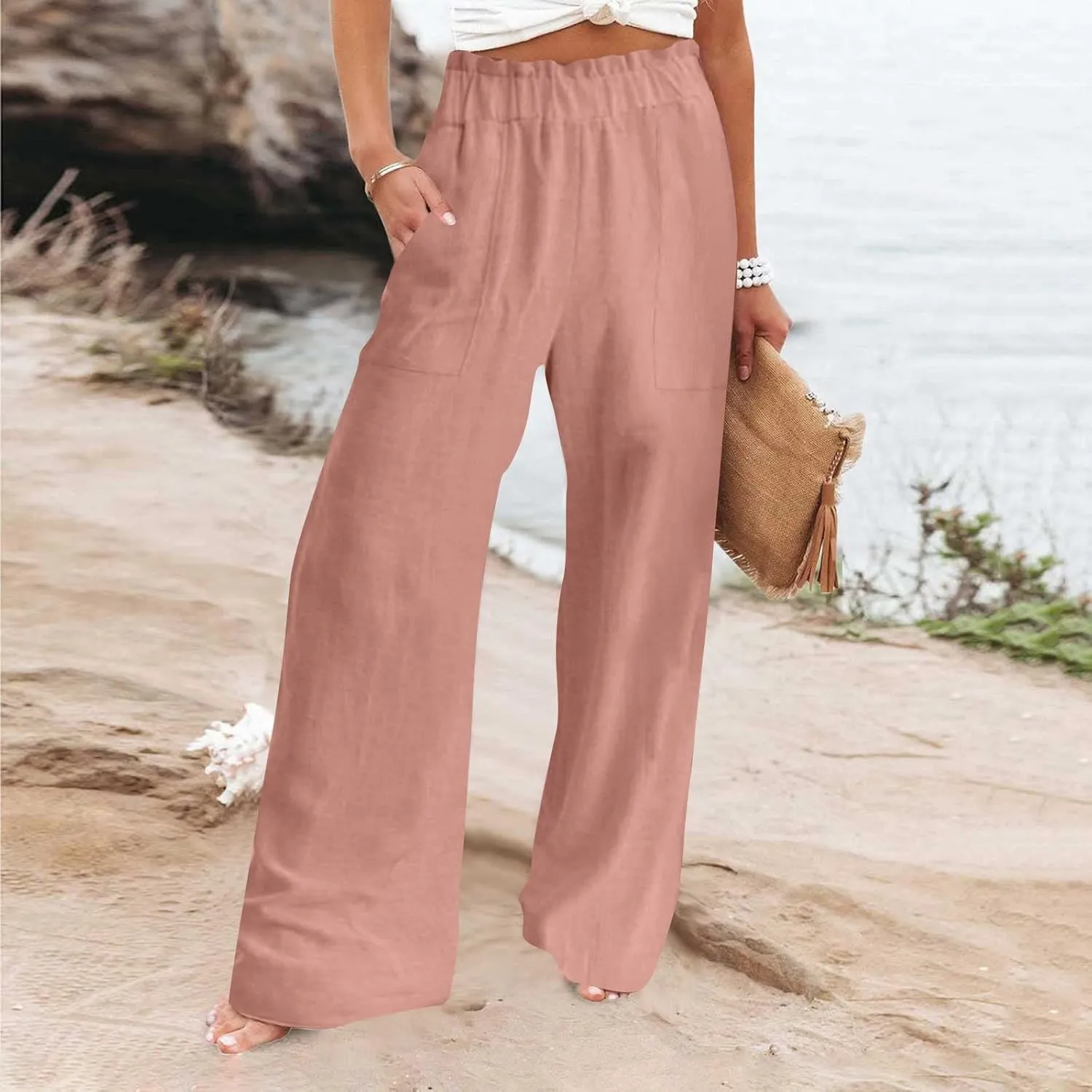 Palazzo Pants for Women Summer Casual Flowy Cotton Linen Wide Leg Pants Elastic High Waist Trendy Trousers