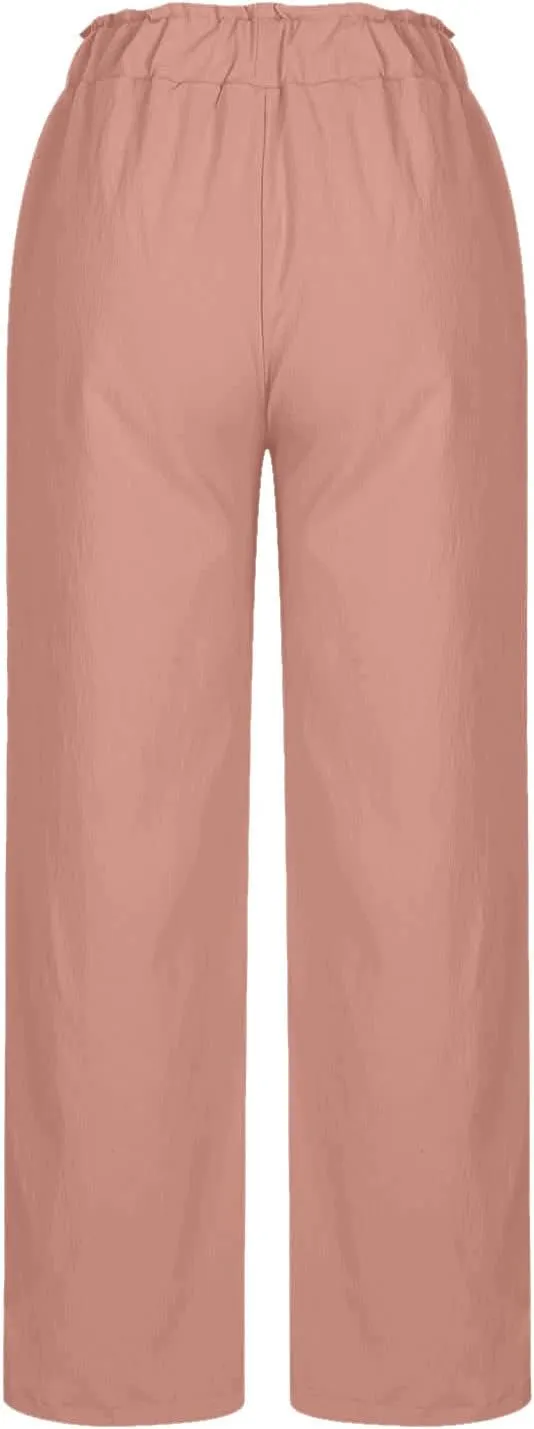 Palazzo Pants for Women Summer Casual Flowy Cotton Linen Wide Leg Pants Elastic High Waist Trendy Trousers