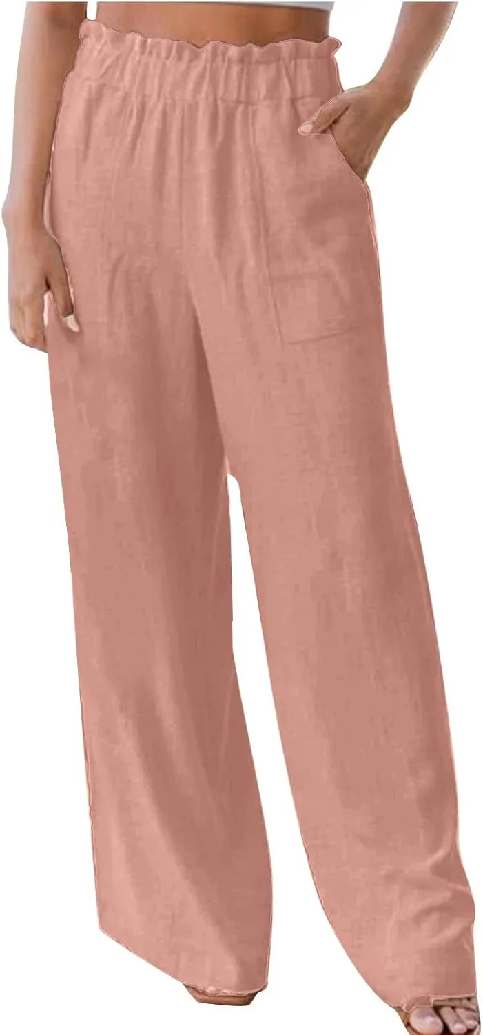 Palazzo Pants for Women Summer Casual Flowy Cotton Linen Wide Leg Pants Elastic High Waist Trendy Trousers