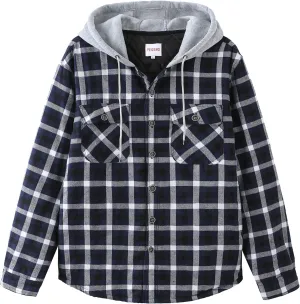 PEGENO Men's Long Sleeve Plaid Button Quilted Lined Flannel Shirt Jacket with Hood