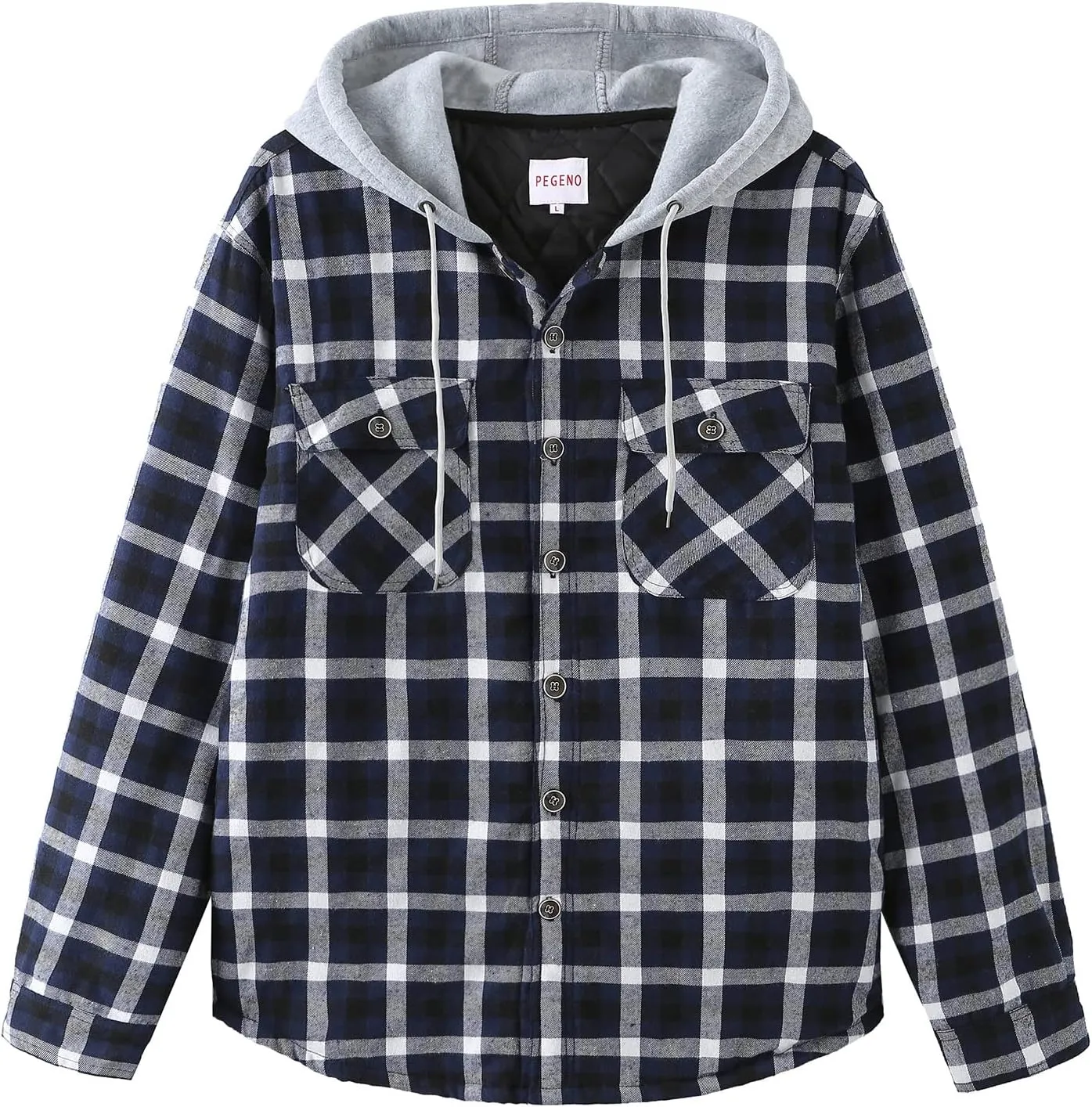 PEGENO Men's Long Sleeve Plaid Button Quilted Lined Flannel Shirt Jacket with Hood