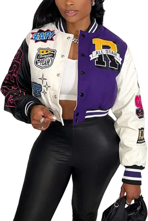 Perbai Women's Cropped Varsity Jacket Colorblock Letter Print Button Down Letterman Bomber Coat with Pockets Y2K Streetwear