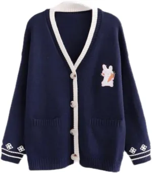 Pink Kawaii Preppy Bunny Cardigan Sweater for Girl Loose Embroidery Plaid Soft Cozy Sweater 10 12 14Gift
