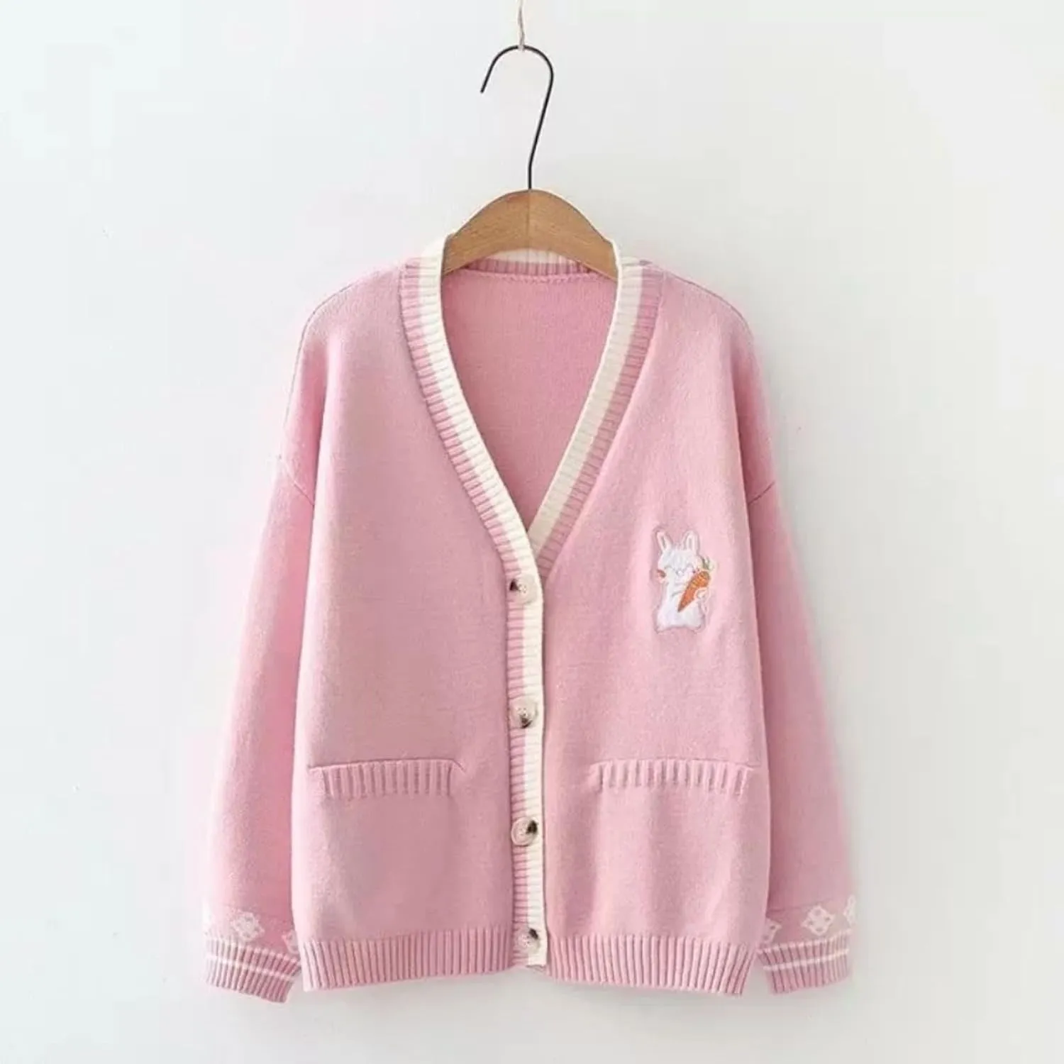 Pink Kawaii Preppy Bunny Cardigan Sweater for Girl Loose Embroidery Plaid Soft Cozy Sweater 10 12 14Gift