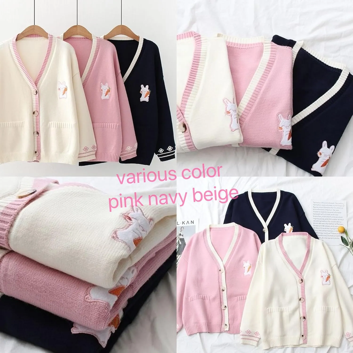 Pink Kawaii Preppy Bunny Cardigan Sweater for Girl Loose Embroidery Plaid Soft Cozy Sweater 10 12 14Gift