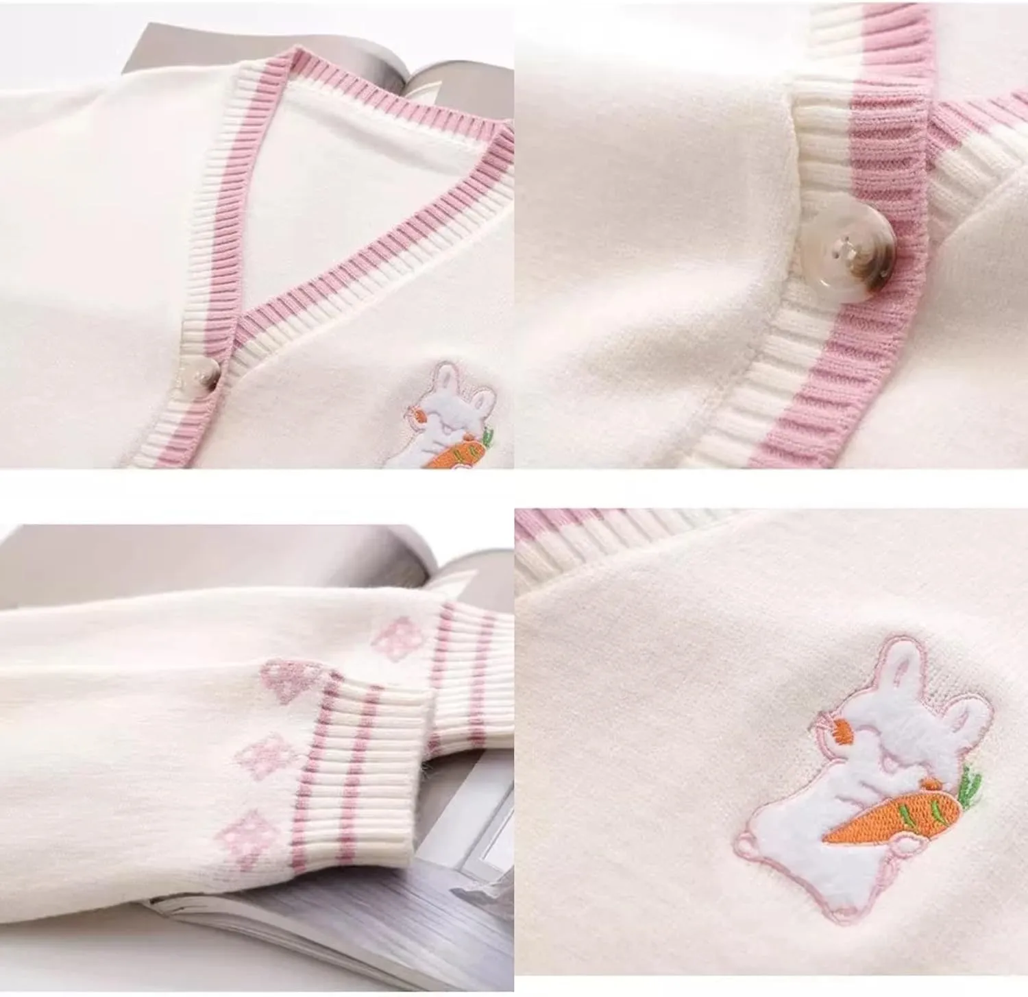 Pink Kawaii Preppy Bunny Cardigan Sweater for Girl Loose Embroidery Plaid Soft Cozy Sweater 10 12 14Gift