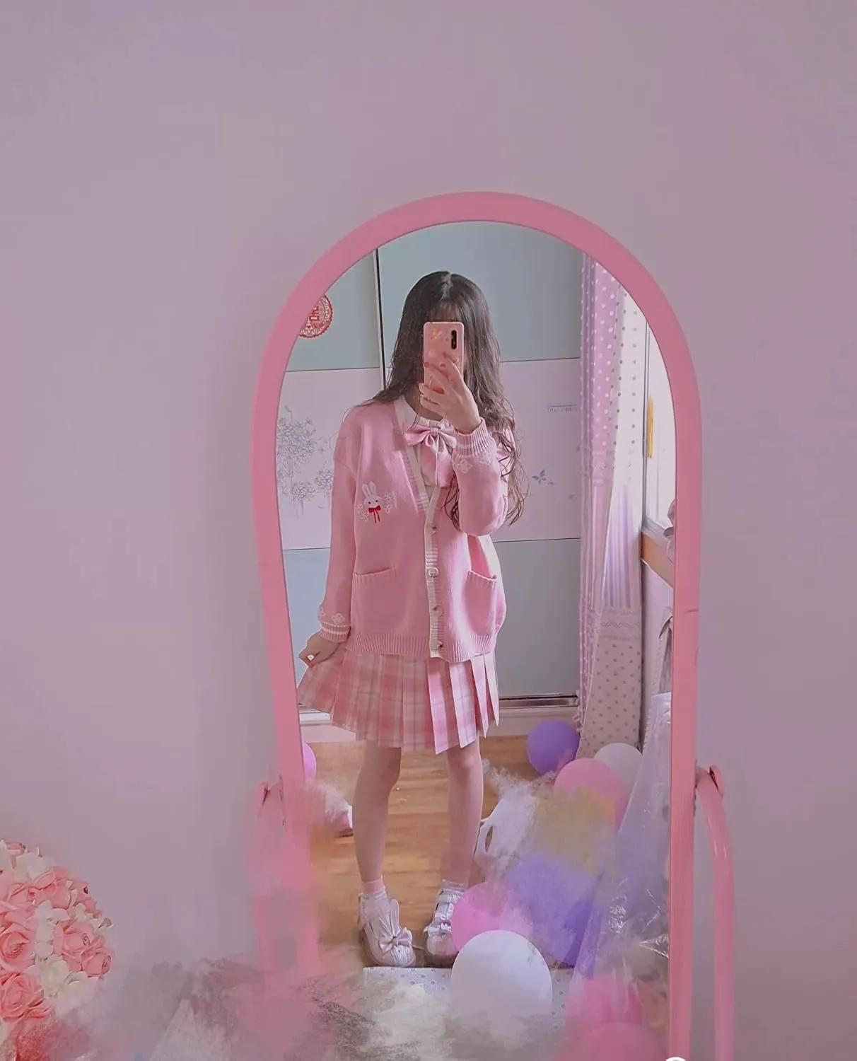 Pink Kawaii Preppy Bunny Cardigan Sweater for Girl Loose Embroidery Plaid Soft Cozy Sweater 10 12 14Gift