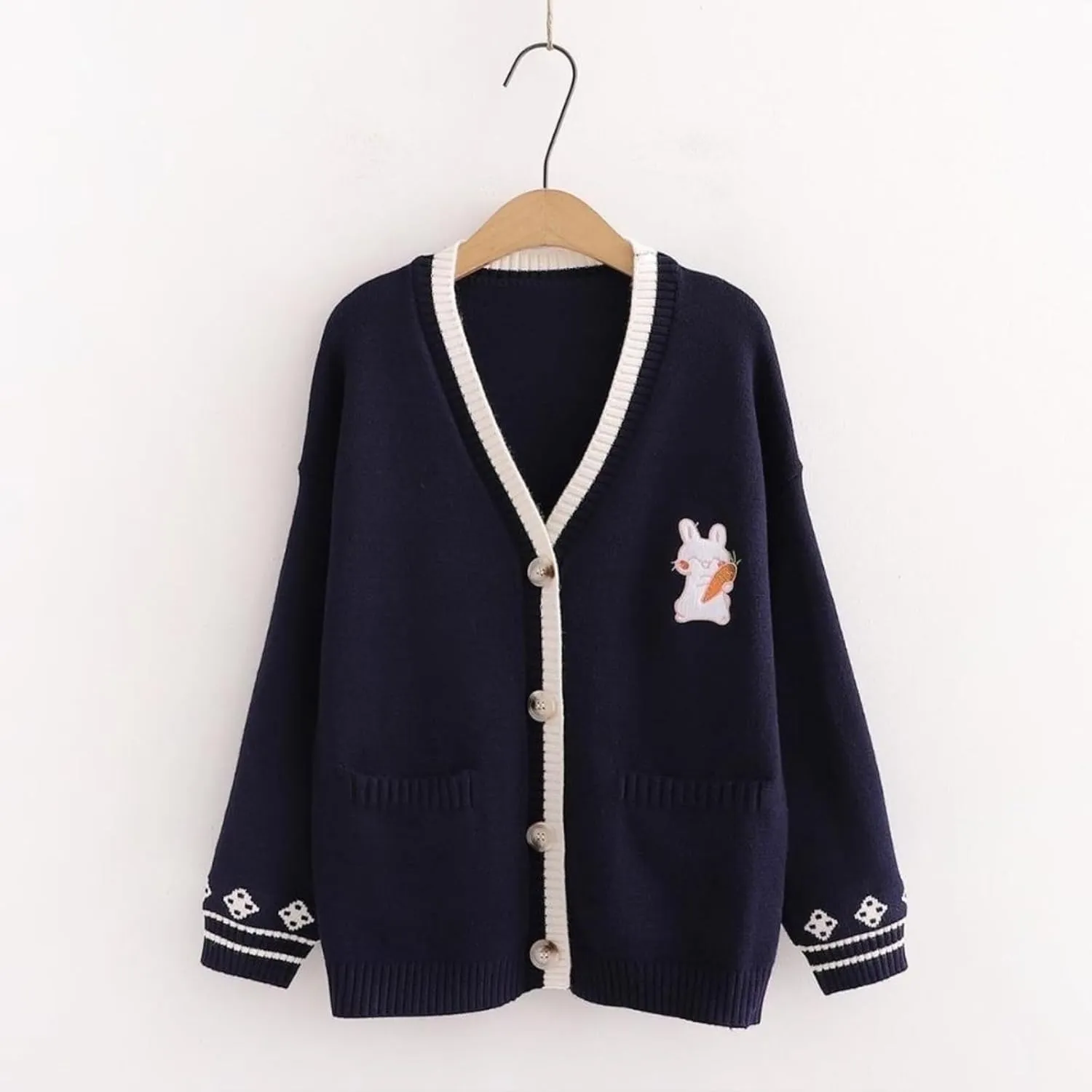 Pink Kawaii Preppy Bunny Cardigan Sweater for Girl Loose Embroidery Plaid Soft Cozy Sweater 10 12 14Gift
