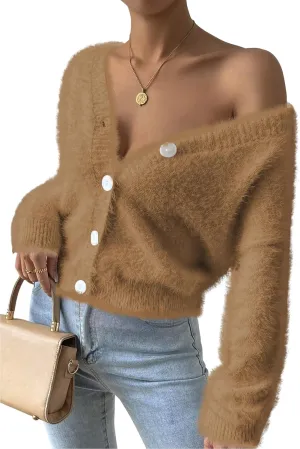 Pink Queen Women's Furry Cropped Cardigan Batwing Sleeves Open Front V-Neck Button Down Loose Casual Knit Sweater Coat