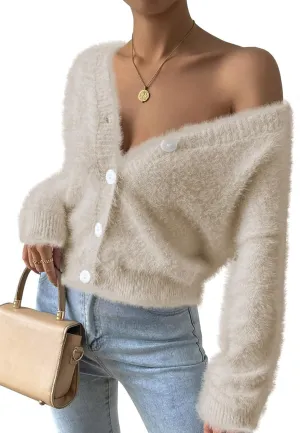 Pink Queen Women's Furry Cropped Cardigan Batwing Sleeves Open Front V-Neck Button Down Loose Casual Knit Sweater Coat