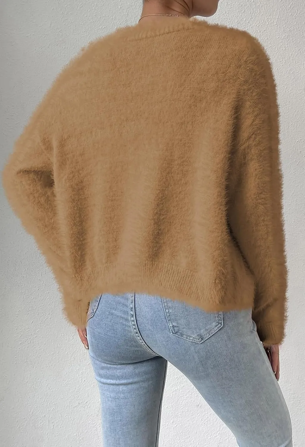 Pink Queen Women's Furry Cropped Cardigan Batwing Sleeves Open Front V-Neck Button Down Loose Casual Knit Sweater Coat