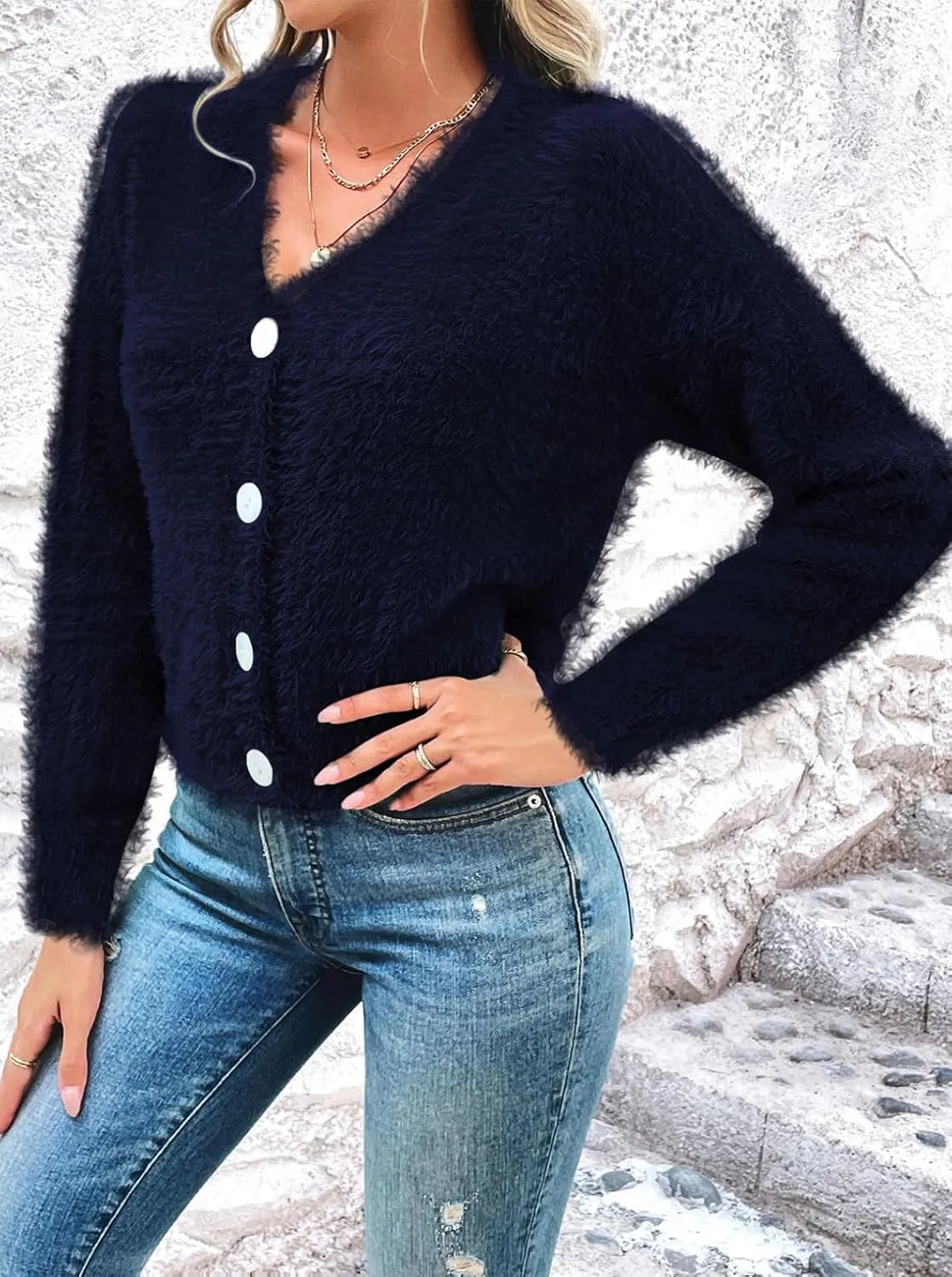 Pink Queen Women's Furry Cropped Cardigan Batwing Sleeves Open Front V-Neck Button Down Loose Casual Knit Sweater Coat