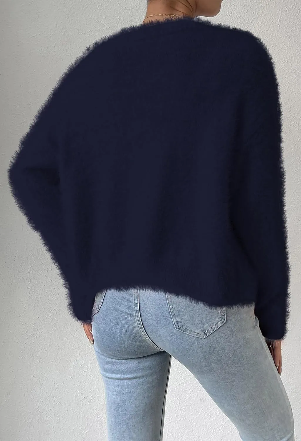 Pink Queen Women's Furry Cropped Cardigan Batwing Sleeves Open Front V-Neck Button Down Loose Casual Knit Sweater Coat
