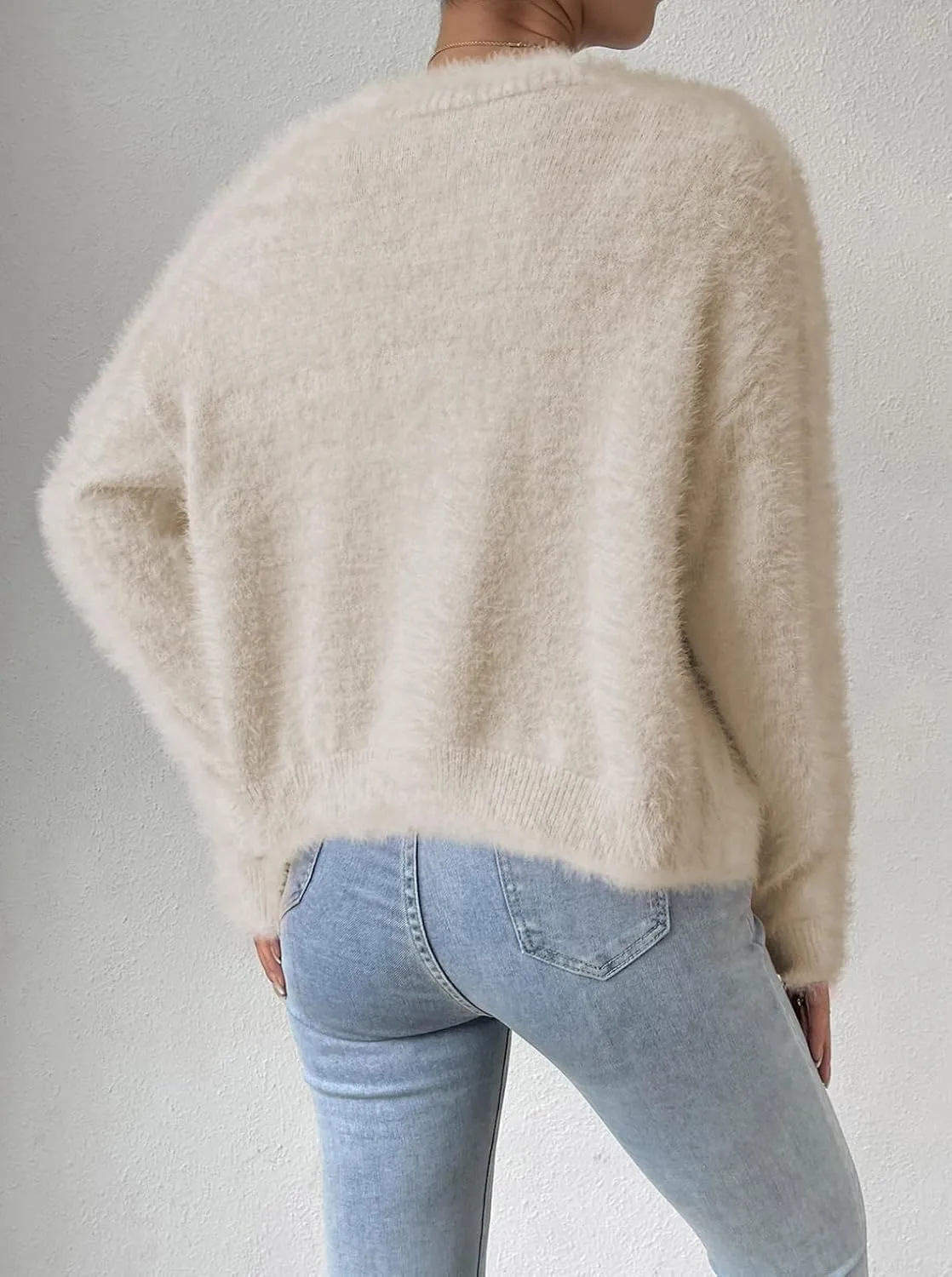 Pink Queen Women's Furry Cropped Cardigan Batwing Sleeves Open Front V-Neck Button Down Loose Casual Knit Sweater Coat