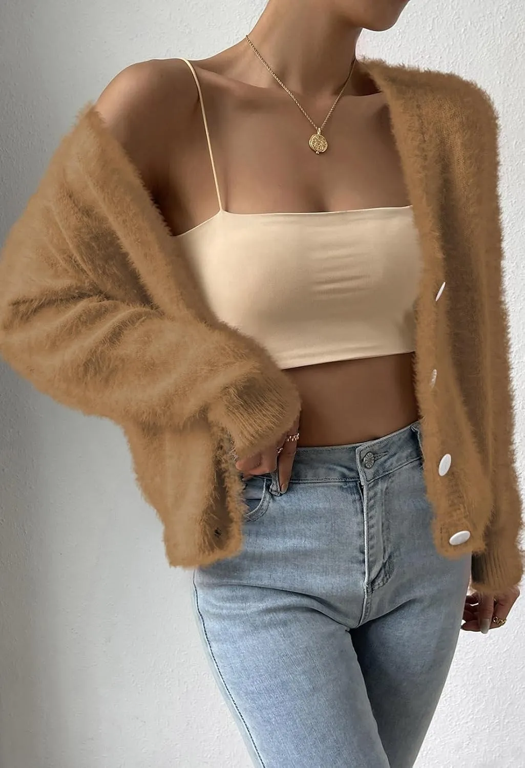 Pink Queen Women's Furry Cropped Cardigan Batwing Sleeves Open Front V-Neck Button Down Loose Casual Knit Sweater Coat