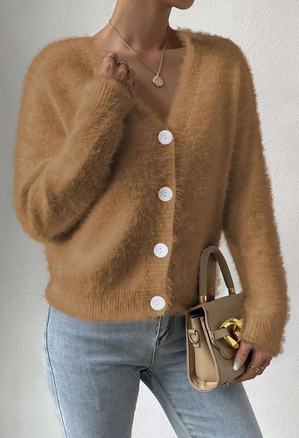 Pink Queen Women's Furry Cropped Cardigan Batwing Sleeves Open Front V-Neck Button Down Loose Casual Knit Sweater Coat