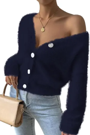 Pink Queen Women's Furry Cropped Cardigan Batwing Sleeves Open Front V-Neck Button Down Loose Casual Knit Sweater Coat