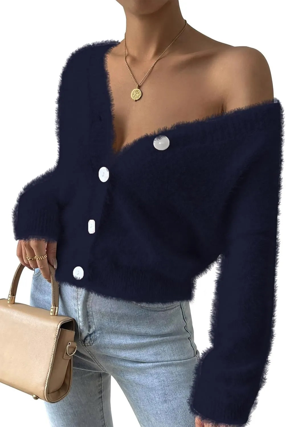 Pink Queen Women's Furry Cropped Cardigan Batwing Sleeves Open Front V-Neck Button Down Loose Casual Knit Sweater Coat