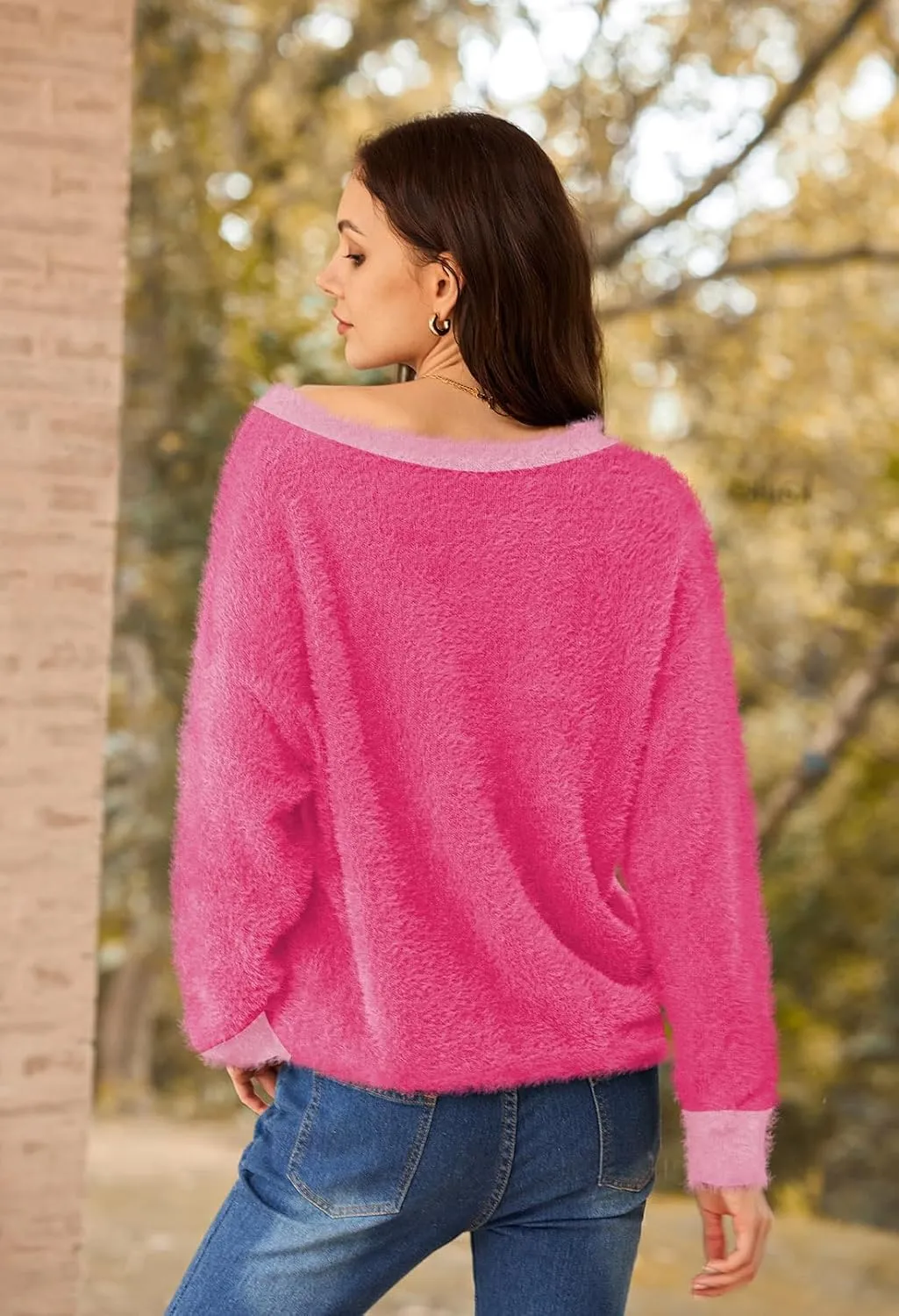 Pink Queen Women's Furry Cropped Cardigan Color Block Batwing Sleeves Open Front V-Neck Button Down Knit Sweater Coat