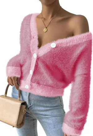 Pink Queen Women's Furry Cropped Cardigan Color Block Batwing Sleeves Open Front V-Neck Button Down Knit Sweater Coat